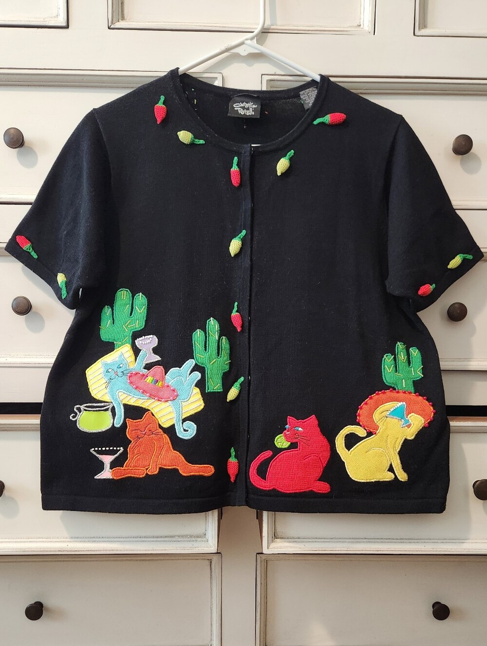 vtg Christina Rotelli cat fiesta beaded cardigan 🌵🌶🍸🐱🎶